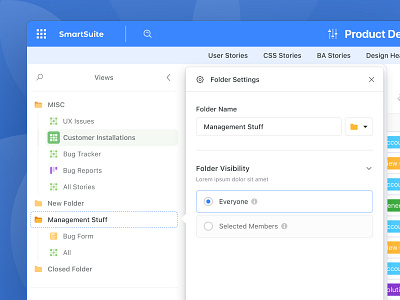 Folder Settings & More no code panel saas settings sidebar smartsuite ui