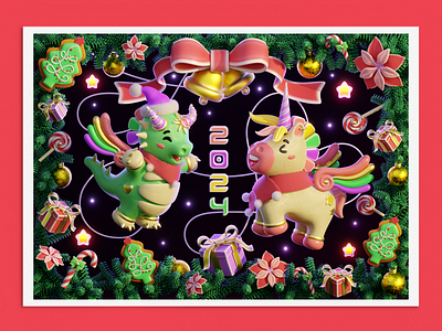 Dragon and Unicorn 2024 3d art blender candy cartoon celebration christmas cookies cute dragon holiday jingle bells lunar magic new year postcard present render unicorn