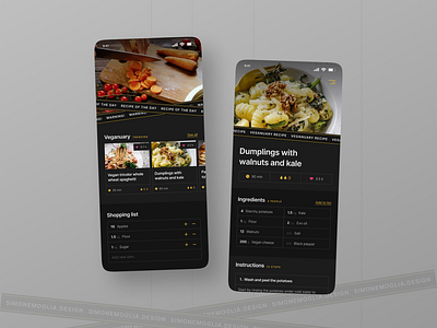 Recipe Mobile App - UI Design app appdesign dark mode design figma food inspiration mobile mobile app recipe shopping list ui ui design uiux ux uxdesign vegan