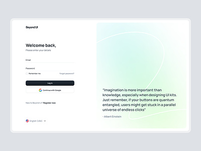 Log in screen UI - Beyond UI authentication page authentication ui beyond ui design system figma free ui kit homepage ui log in log in ui log in ui design login quote quote ui sign in signin