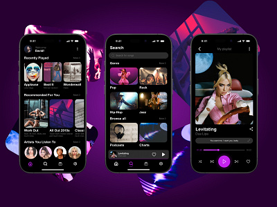 Music Player app black branding designed app listen modern modern app modern design music music app music player pink player playlists simple simple app simple design spotify ui