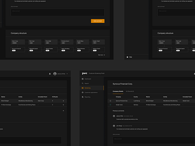 PwC • screening portal aml dark mode dashboard design enterprise finance fintech kyc product design screening app search ui ux web app