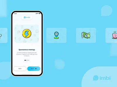 Onboarding for social app | imbi app development appdev applicationdevelopment blue branding case study emotions icon logotype map meetings mobile app social sturtup ui animation uiux