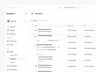 sweetjuice* employees *WIP* 🚧 app application design desktop desktopapp digitalproduct emplyoees hover hr modal modern people popup productdesign table tables ui ui design ux webapp