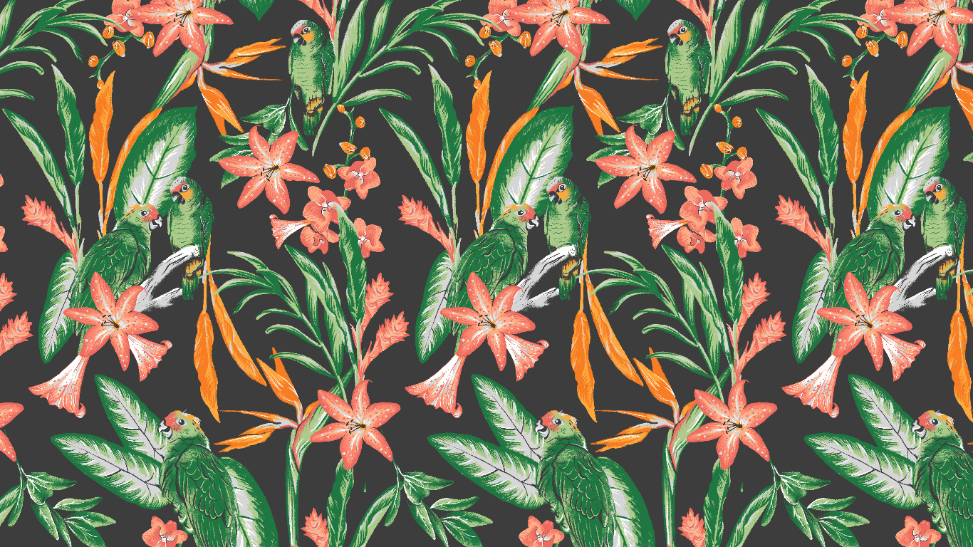 Parrots illustrated pattern animals birds color colorful flowers gray green illustration leaves pattern pattern design patterns pink surface pattern textile tropical