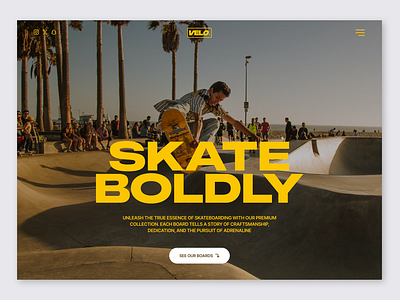 VELO - Skateboarding Company Website bold clean cool design landing page skate skateboard skateboarding sport sports sunny trick typography ui web design website yellow