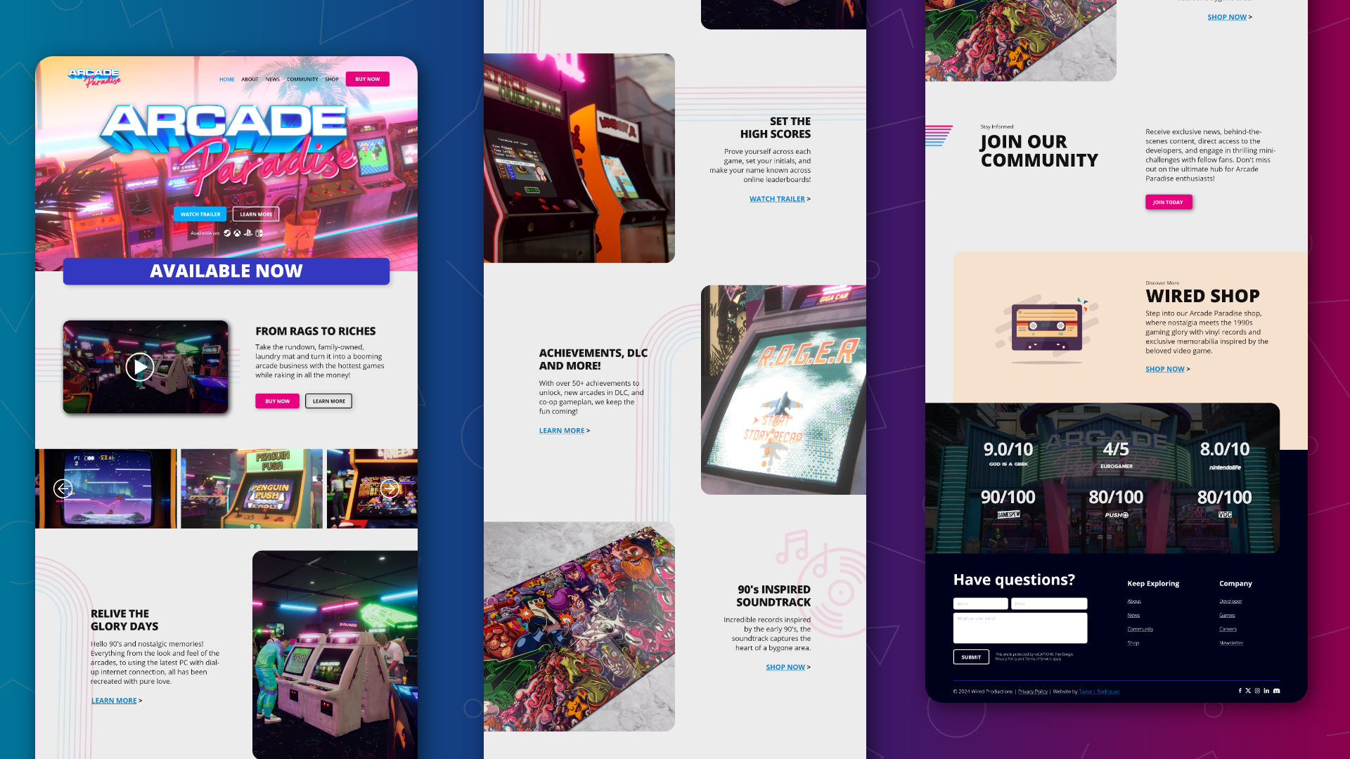 Arcade Paradise - Homepage Design arcade paradise freelance game developers game devs gaming indie studio kickstarter layout design ui desktop design website design xbox game pass