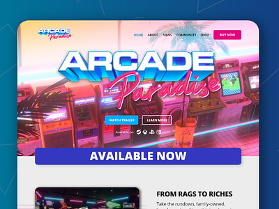 Arcade Paradise - Homepage Design arcade paradise freelance game developers game devs gaming indie studio kickstarter layout design ui desktop design website design xbox game pass