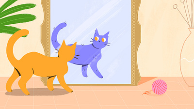 The cat on the other side of the mirror 2d animation cat concept film illustration mirror pet