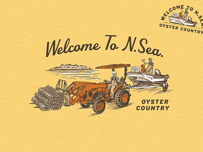 N.Sea Oyster Welcome Crew apparel boat branding coast coastal crew design farming graphic design illustration oyster farming oysters screen print skeleton skull south tractor vector