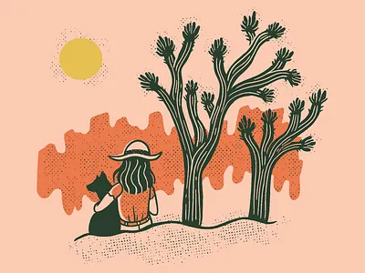 Escape With Your Sidekick | Joshua Tree 70s color palette adventure coffee coral desert desert illustration dog dog illustration girl and dog grounds and hounds halftone illustration joshua tree merchandise minimal national parks red rocks retro sun west
