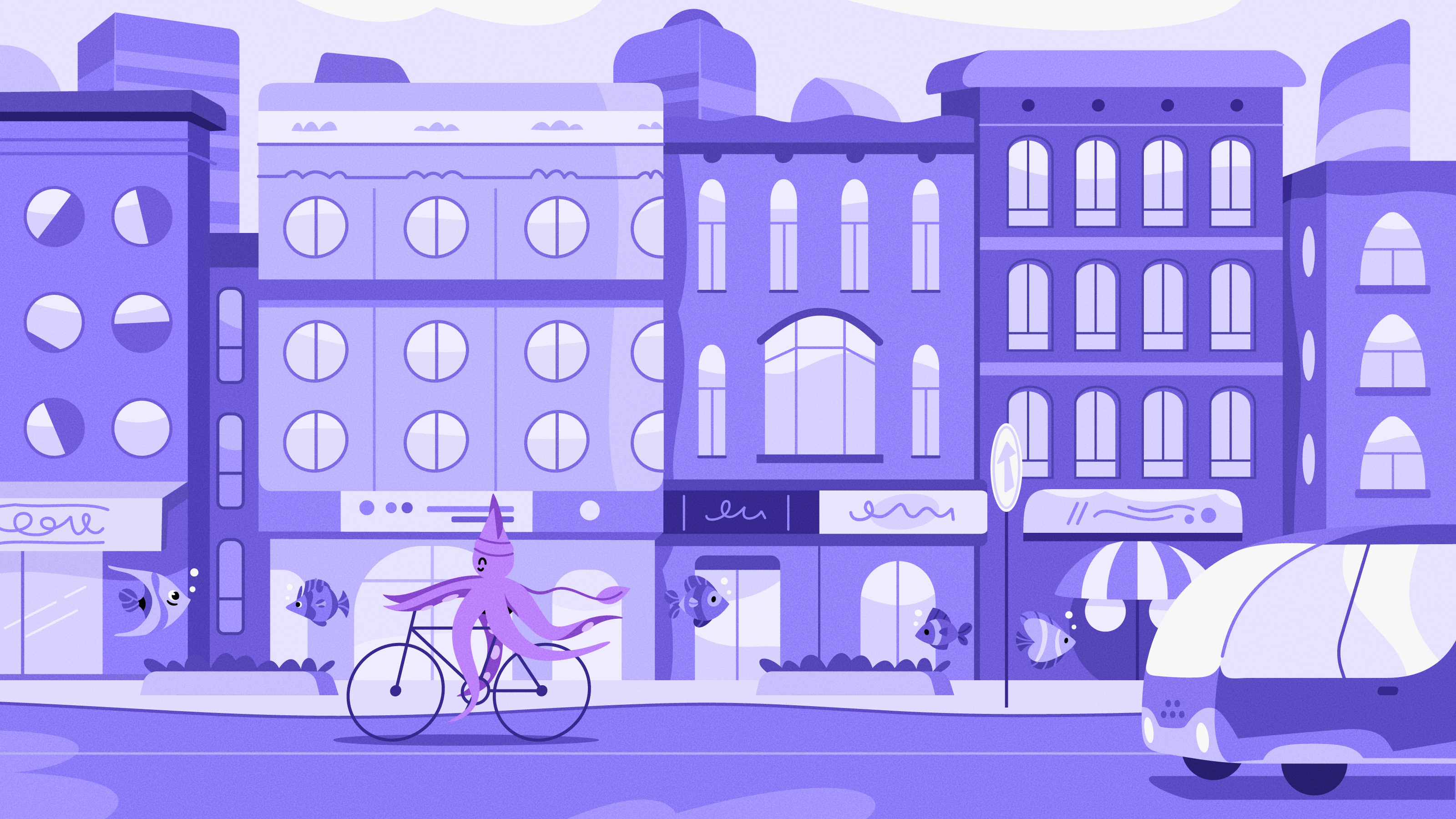 City in the ocean art bike cartoon character city design environment illustration ocean transport vector