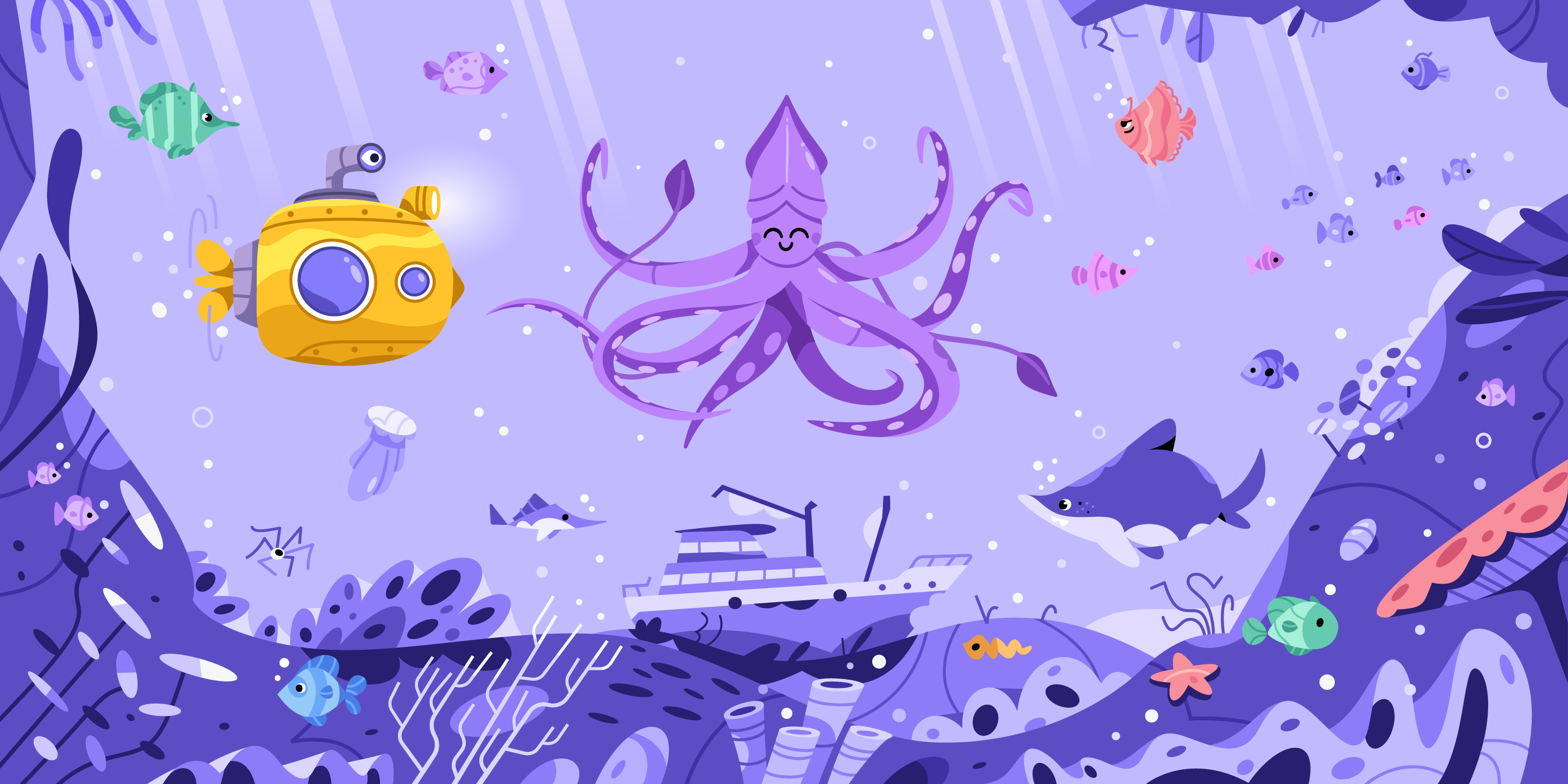 Dive Deep art cartoon character design funny illustration ocean shark squid submarine underwater vector