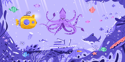 Dive Deep art cartoon character design funny illustration ocean shark squid submarine underwater vector