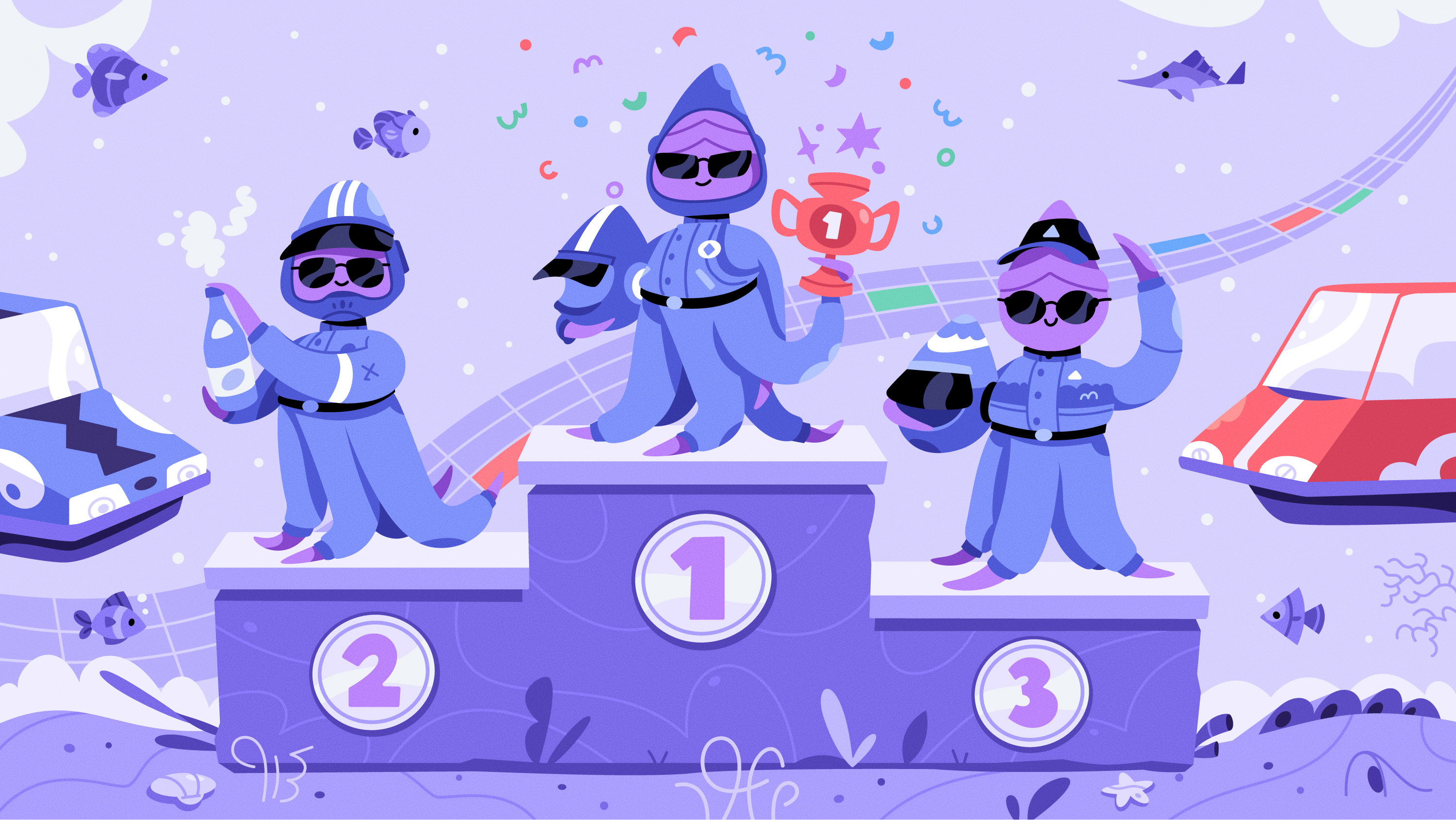 Squids on the podium art cartoon character character design design illustration podium race racer underwater vector win