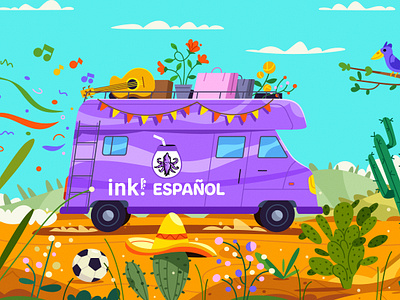 Spanish van art car cartoon character design español funny illustration landscape spain spanish vector