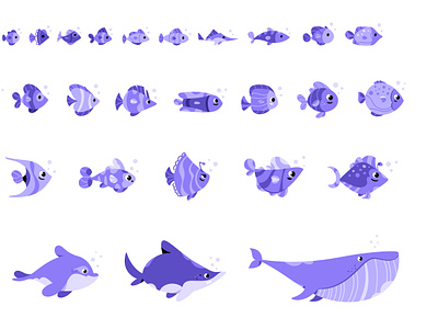 Fish characters art assets bundle cartoon character design fish illustration ocean set shark vector whale
