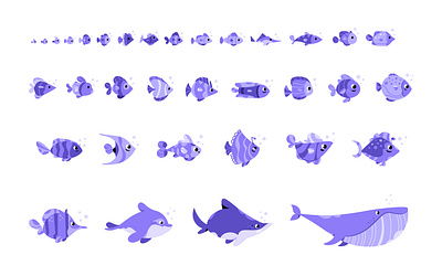 Fish characters art assets bundle cartoon character design fish illustration ocean set shark vector whale