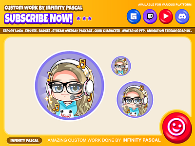 👱🏻‍♀️🎧Custom Chibi Girl OC Logo🎧👱🏻‍♀️ animation blonde character illustration chibi style custom design custom emotes twitch design discord emotes facebook emotes freelance girl headphone illustration logo loyalty badges open commission original character twitch emotes twitchemotes youtube emotes