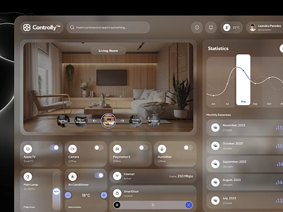 Controlly™ - Smart Home Dashboard Concept card chart clean clean ui control dashboard dashboard smart home design glassmorphism home minimalist remote room smart app smart home smart home app ui uiux ux