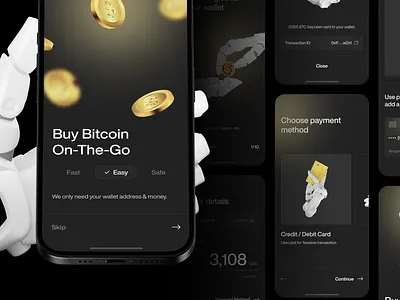 Bitcoin On-The-Go 1 Flow App 3d animation bitcoin blockchain coin crypto cryptocurrency dark mode defi elegant expert interface mobile app modern motion graphics nft prototype ui design ux design web3