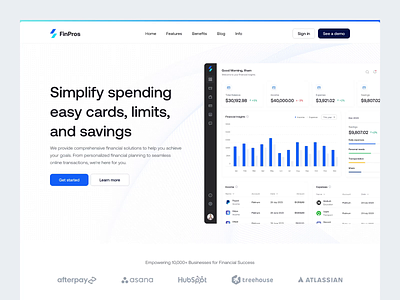 Finpros - Finance Landing Page animation b2b banking clean digital banking dipa inhouse finance fintech framer homepage landing page money saas startup ui ui design ux wallet webdesign website