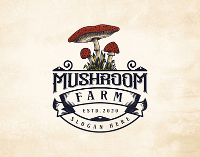 Mushroom Farm Vintage Hand-drawn Logo Design badge design badge logo badges branding design farm logo graphic design hand drawn logo illustration logo logo design logo type logos vector vintage logo