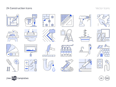 24 Free Construction Icons (AI, SVG, PNG) construction design free free icon set free icons free vector icons freebie icon icon pack icon set icons photoshop plumbery psd renovation vector vector templates vectors