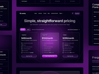 Landzy - SaaS Pricing Table and Pricing Page (Webflow & UI Kit) analytics business comparation crm dark data gradient hr marketing modern plan pricing saas sales service start up technology ui ux website