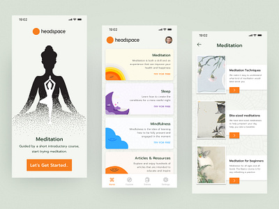 Headspace Redesign mobile Application UI articles resources flat headspace meditation mental health mindfulness minimal music organization peace plans premium sleep sound app