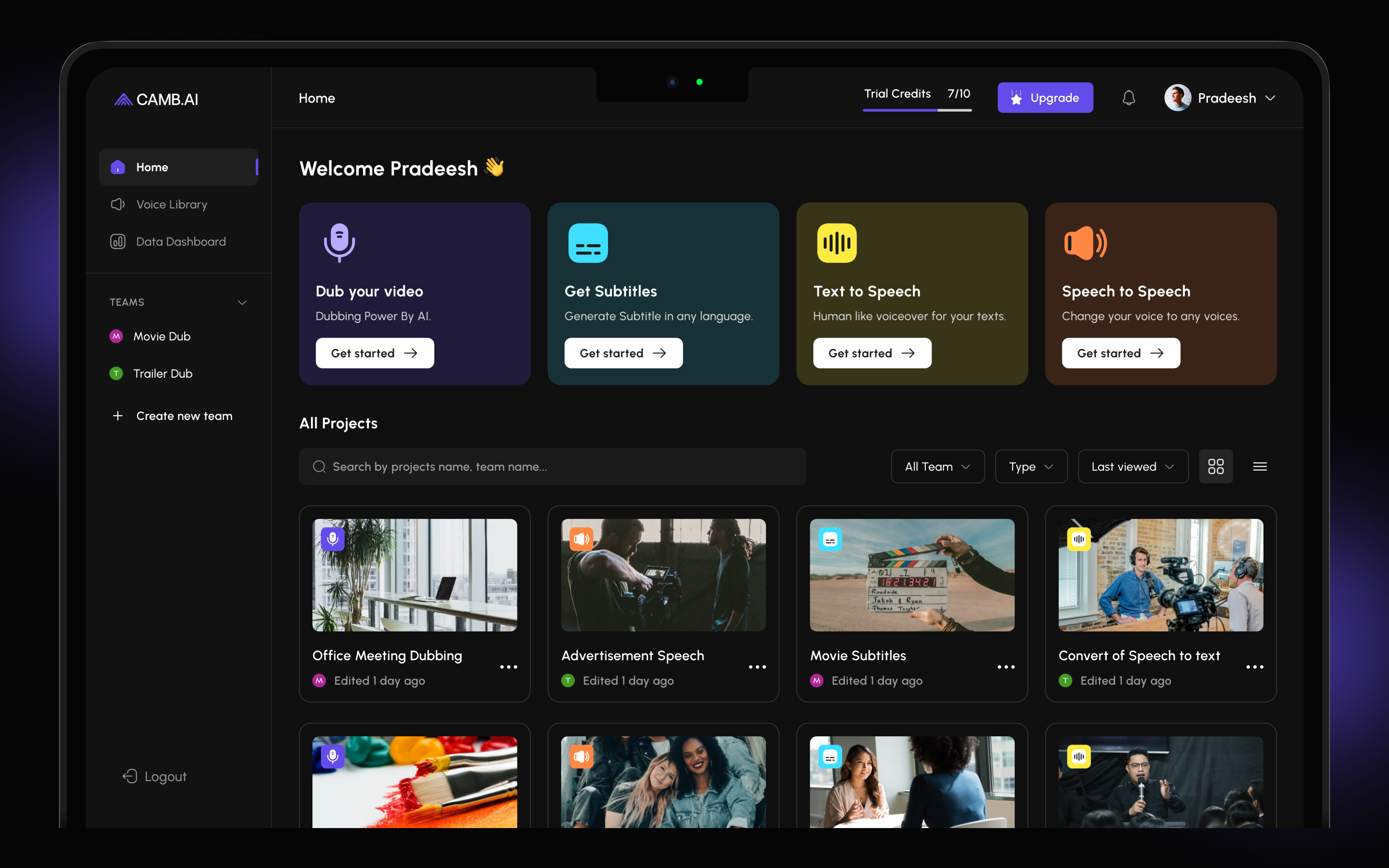 Camb.AI Dashboard Rewamp Design ai dashboard design credit dashbaord dashbaord new noteworthy popular product cards product design ui