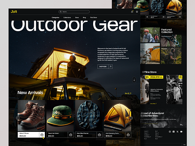 Jolt - Outdoor Gear Landing Page adventure camp dark design home page interface landing page marketplace nature online shop outdoor rock shop shopify store ui ux web store website website design