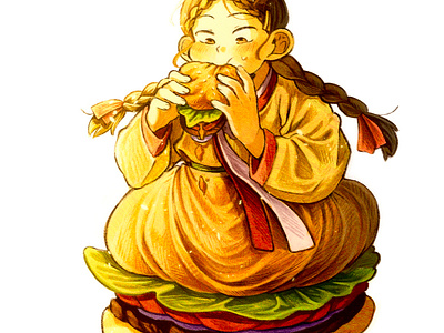 🍔 x hanbok digital art digital illustration fairytale hamburger hanbok illust illustration sunshine warm