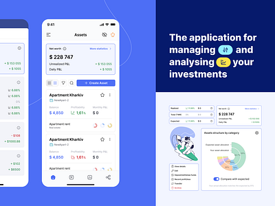 The app for managing and analysing your investments asset card chart forecasting investment mobile mobile app statistics table transfer ui ux