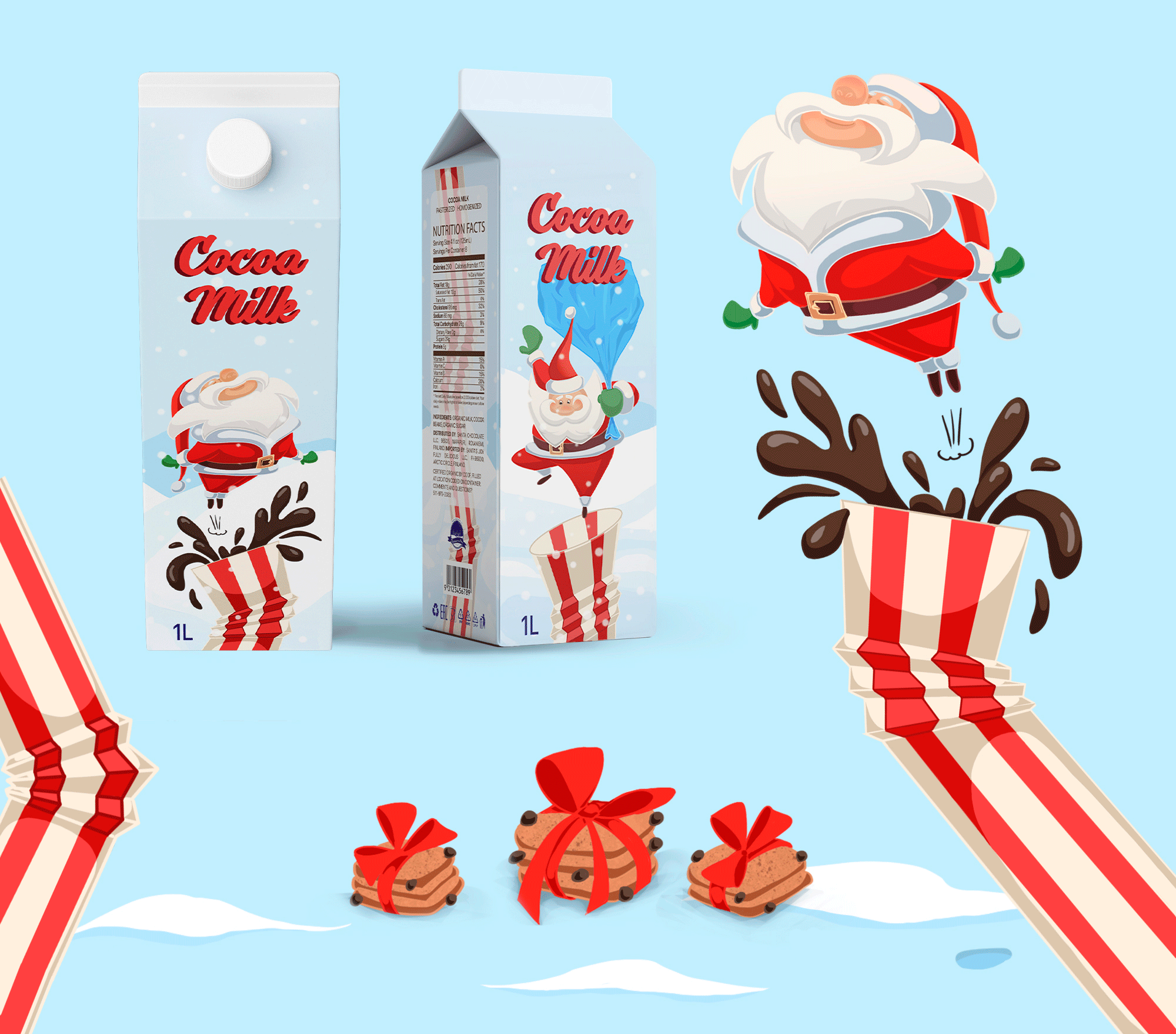 Christmas Factory. Packaging. Character design. animation bitmap cartoony character character design cocoa cookies cool label design funny character graphic design illustration kids illustration milk motion graphics packaging photoshop santa claus straw stylised