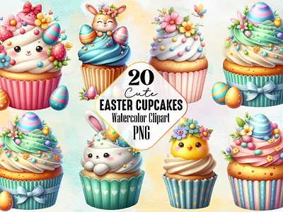 Cute Easter Cupcakes Clipart PNG Bundle 3d animation app branding design graphic design illustration logo ui vector