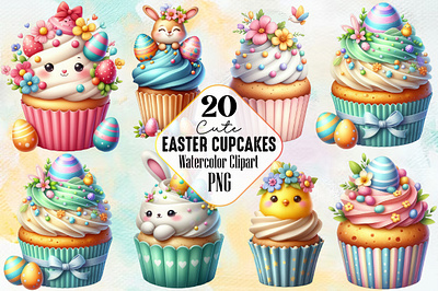Cute Easter Cupcakes Clipart PNG Bundle 3d animation app branding design graphic design illustration logo ui vector