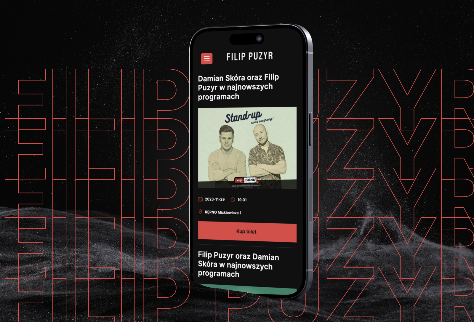 Filip Puzyr website branding comic dark darkmode darksite design graphic design mobile responsive site stand up standup ui web web mobile webmobile website wed design wideosite