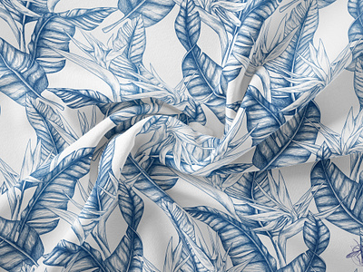 blue and white graphic tropical pattern Bird of paradise bird of paradise blue and white design fabric fashion flowers garden graphic design illustration moda pattern tanya vollar textile tropical