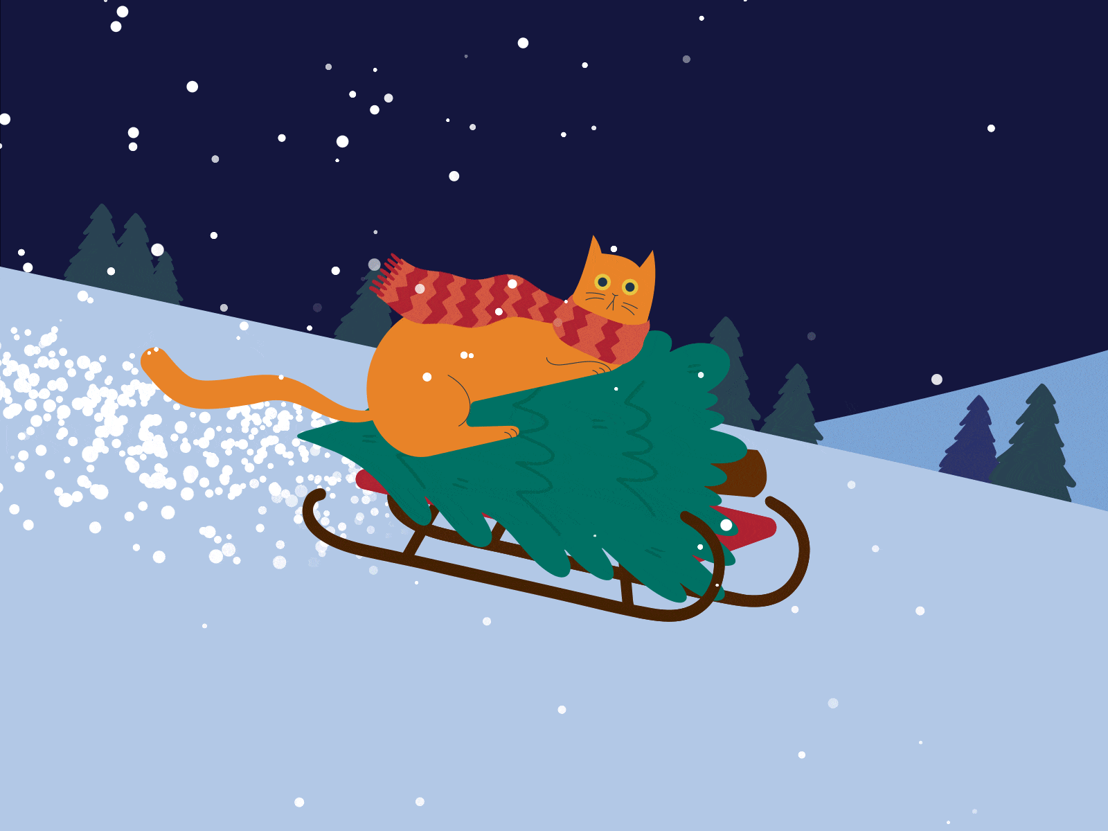 Sled away your sadness. It’s snow time! 2d animation cat happy holidays illustration loop motion design motion graphics sled sledding snow winter time