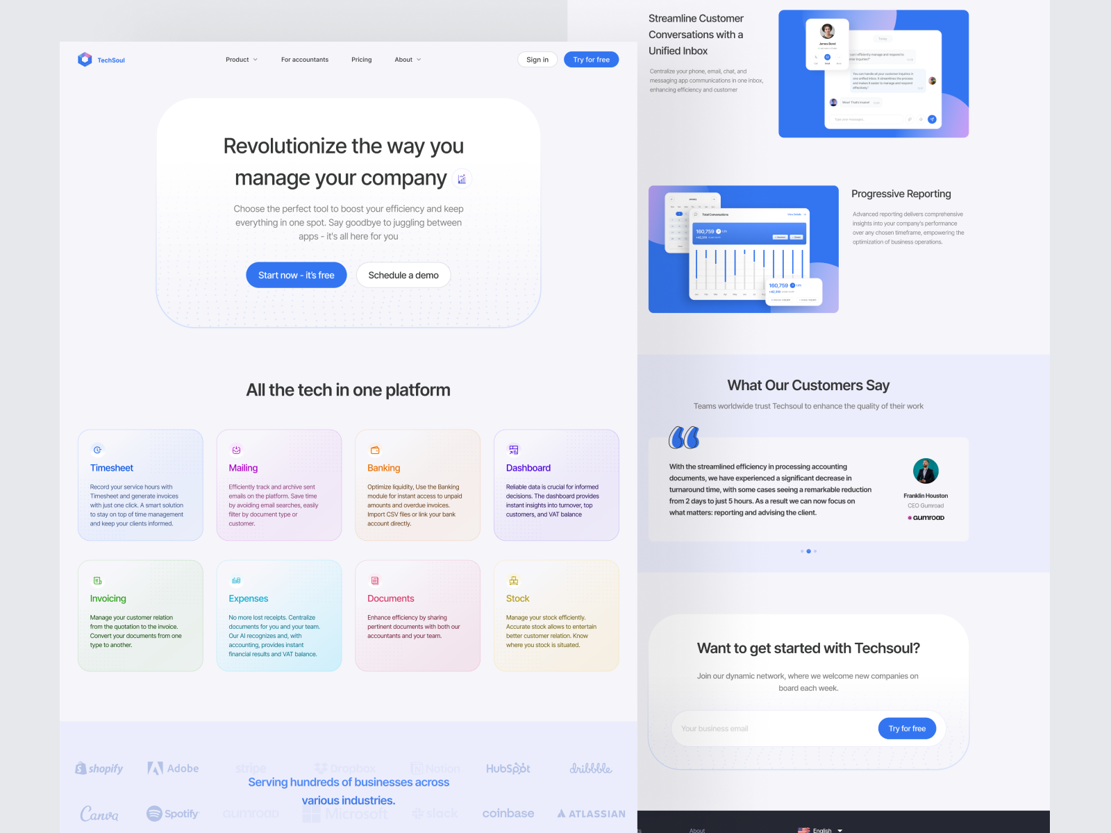 Techsoul - CRM Landing Page branding crm design interaction design landing page minimalist product design ui uiux uiux design user experience user interface ux web desgin website