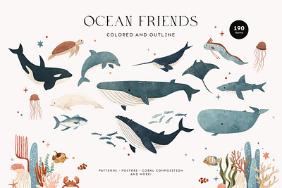 Ocean Animals colored & outline illustration ocean animals ocean animals colored outline ocean pattern ocean poster sea animals seamless pattern underwater watercolor watercolor animals