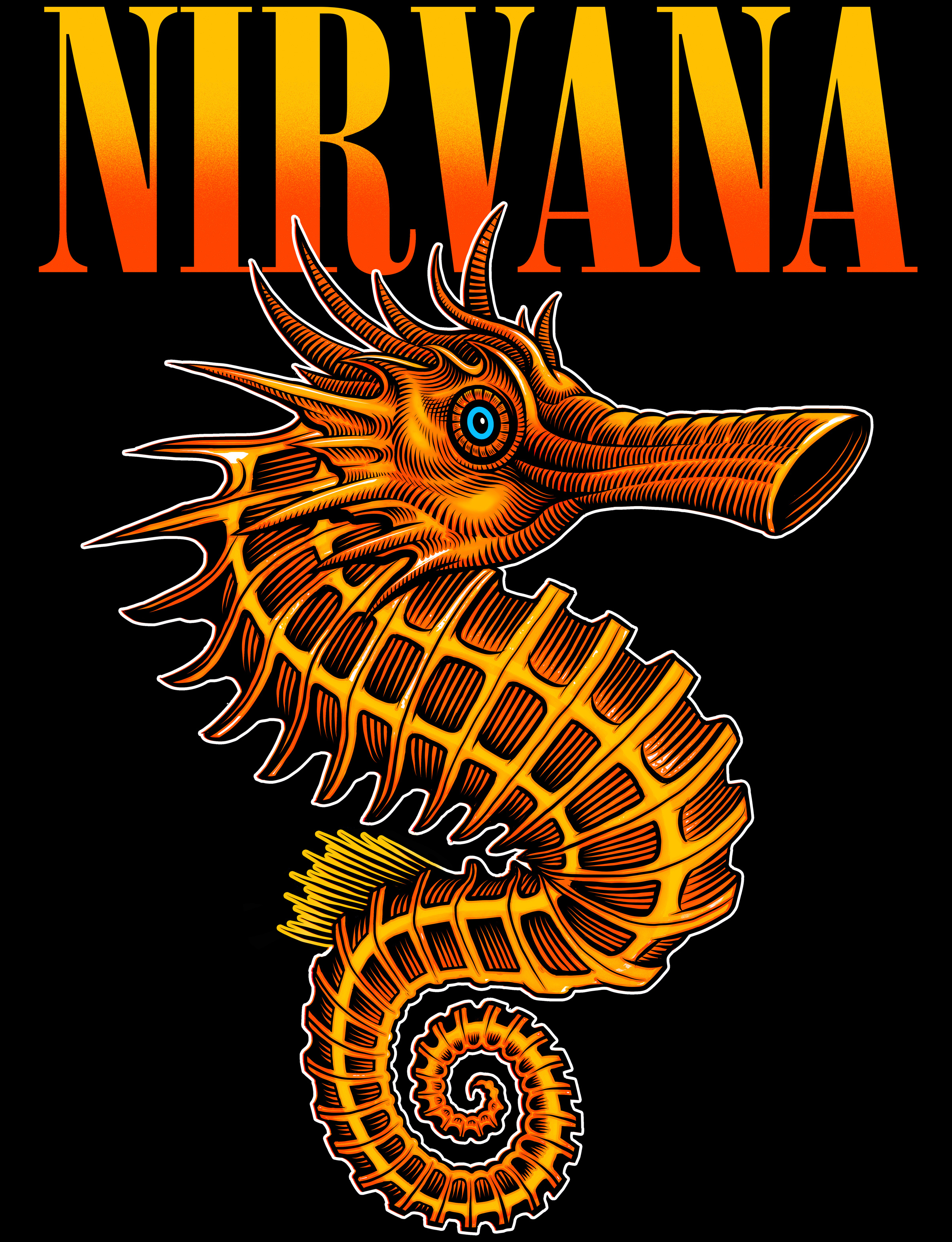 Nirvana "Seahorse" T-shirt design apparel band design gig poster graphic design illustration illustrations logo logo design nirvana screen printing seahorse silkscreen t shirt vector vector art woodcut