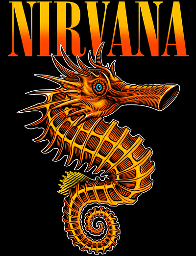 Nirvana "Seahorse" T-shirt design apparel band design gig poster graphic design illustration illustrations logo logo design nirvana screen printing seahorse silkscreen t shirt vector vector art woodcut