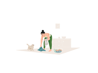 Chores character chores clean cleaning clothes design dog graphic illustration living pastel people room vector woman