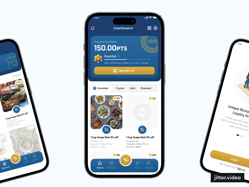 Vidro - Restaurant App app design discount empty state food ordering gif graphic design interactive design luxury menu design onboarding redeem points refer code restaurant rewards tiers