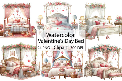 Watercolor Valentine's Day Bed Clipart animation bedroom branding design graphic design illustration logo motion graphics retro t shirt design vector