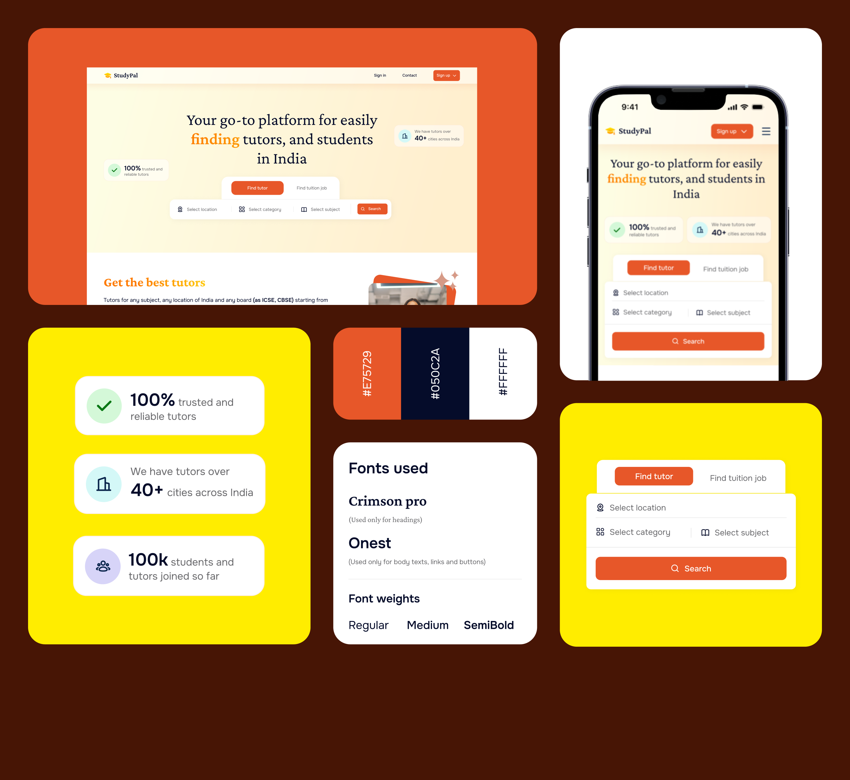 Studypal - Platform for finding tutors and students bento branding design education minimal orange responsive ui ux website