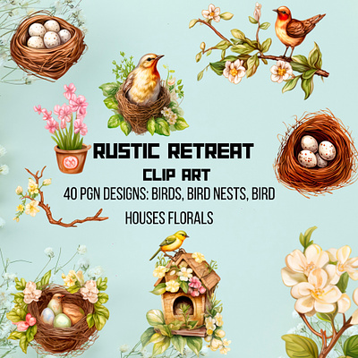 Rustic Retreat Clipart birdhouse birdnest birds clip art collage art cottagecore floral flowers graphic design illustration spring sublimation
