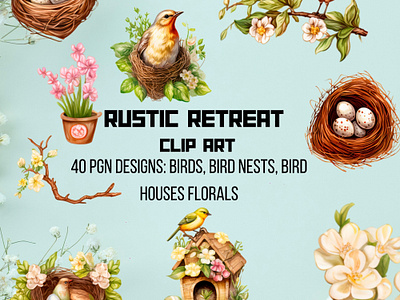 Rustic Retreat Clipart birdhouse birdnest birds clip art collage art cottagecore floral flowers graphic design illustration spring sublimation